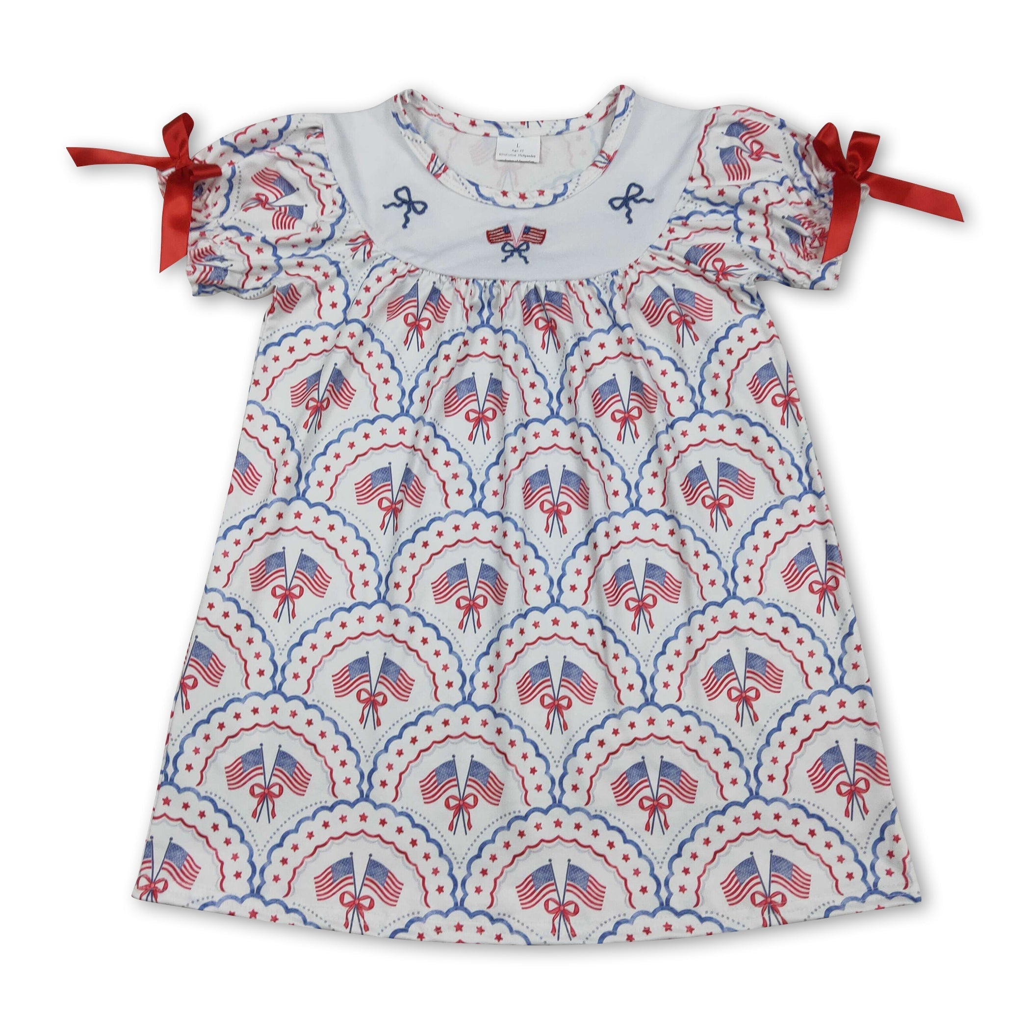 Short sleeves flag bow embroidery girls 4th of july dresses