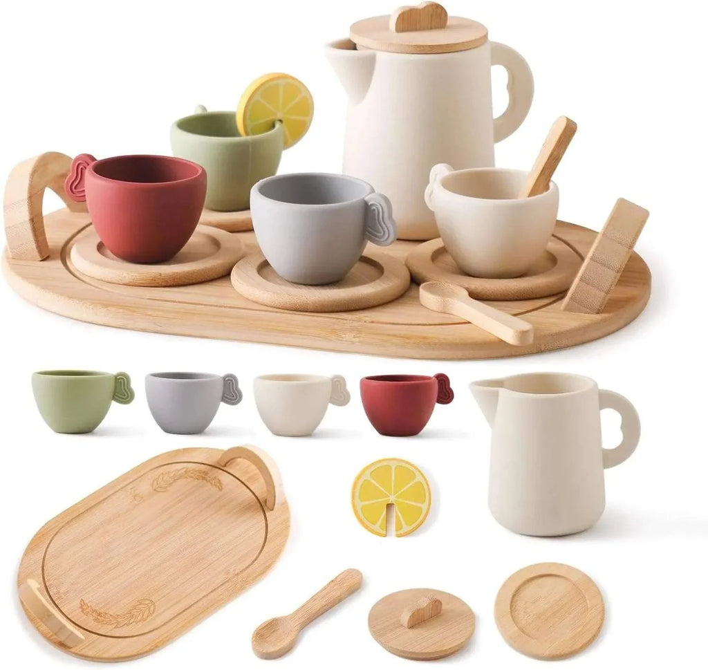 Personalized Kids’ Wooden Tea Set – 14-Piece Pretend Play Set with Engraved Bamboo Tray – Montessori-Inspired Toy for Toddlers & Children