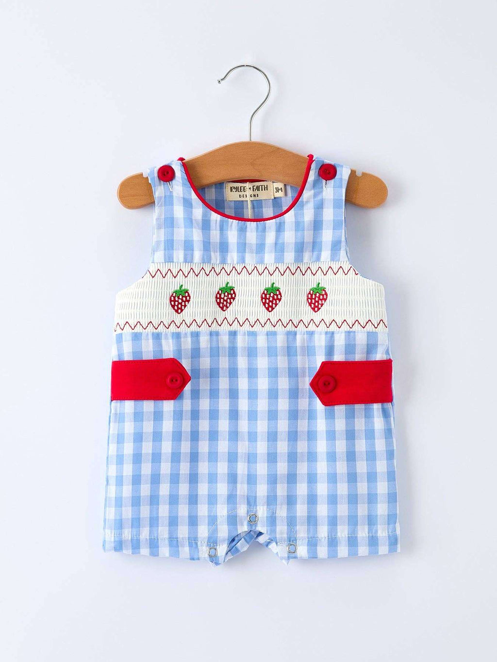 Rylee Faith Designs - Baby Boys Summer Strawberry Embroidered Smocked Romper