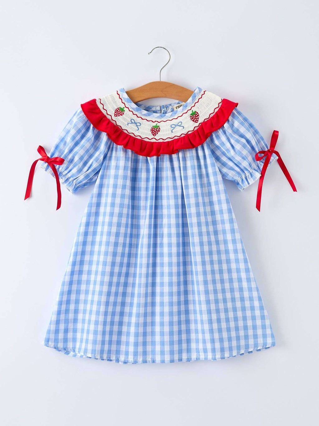 Rylee Faith Designs - Girls Summer Strawberry Bow Embroidered Smocked Dress