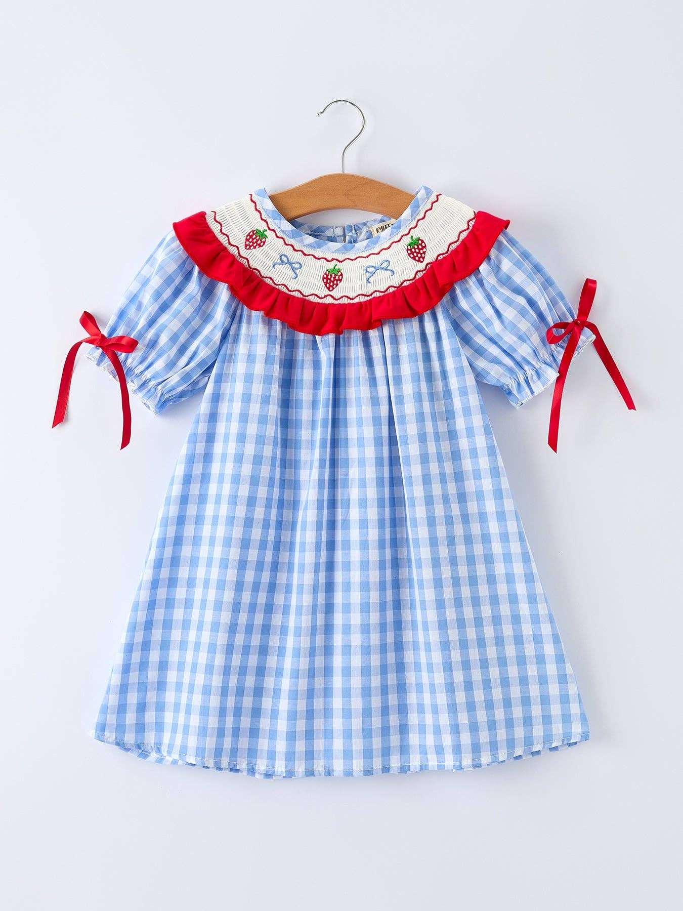 Rylee Faith Designs - Girls Summer Strawberry Bow Embroidered Smocked Dress