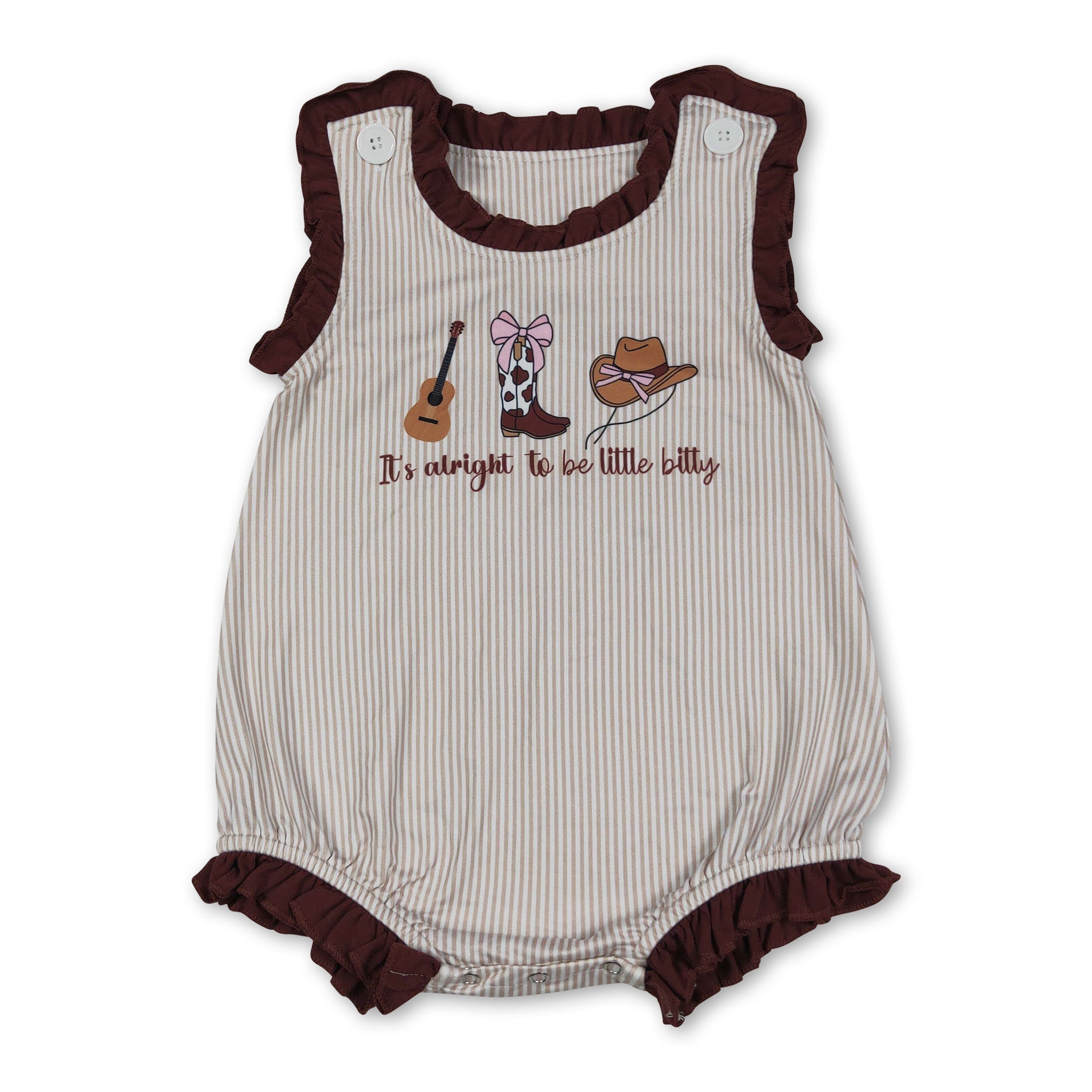 Ruffle stripe it's alright to be little bitty western baby romper